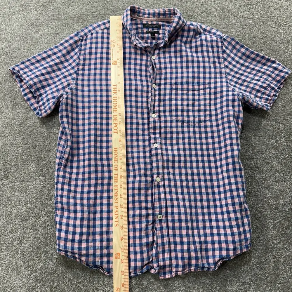 Banana Republic Camden Fit Linen Shirt Mens L Short Sleeve Pink‎ Blue Plaid